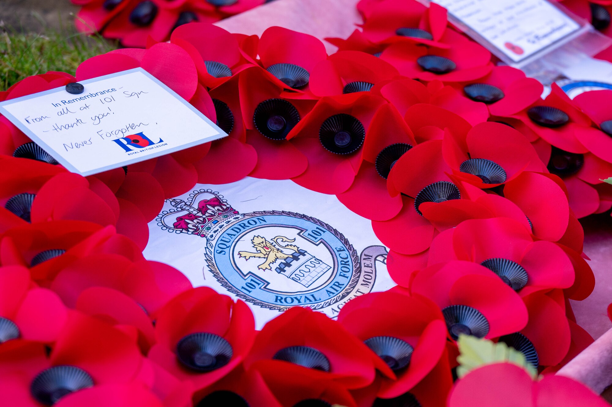A poppy wreath lays as a tribute during a Remembrance Day ceremony.