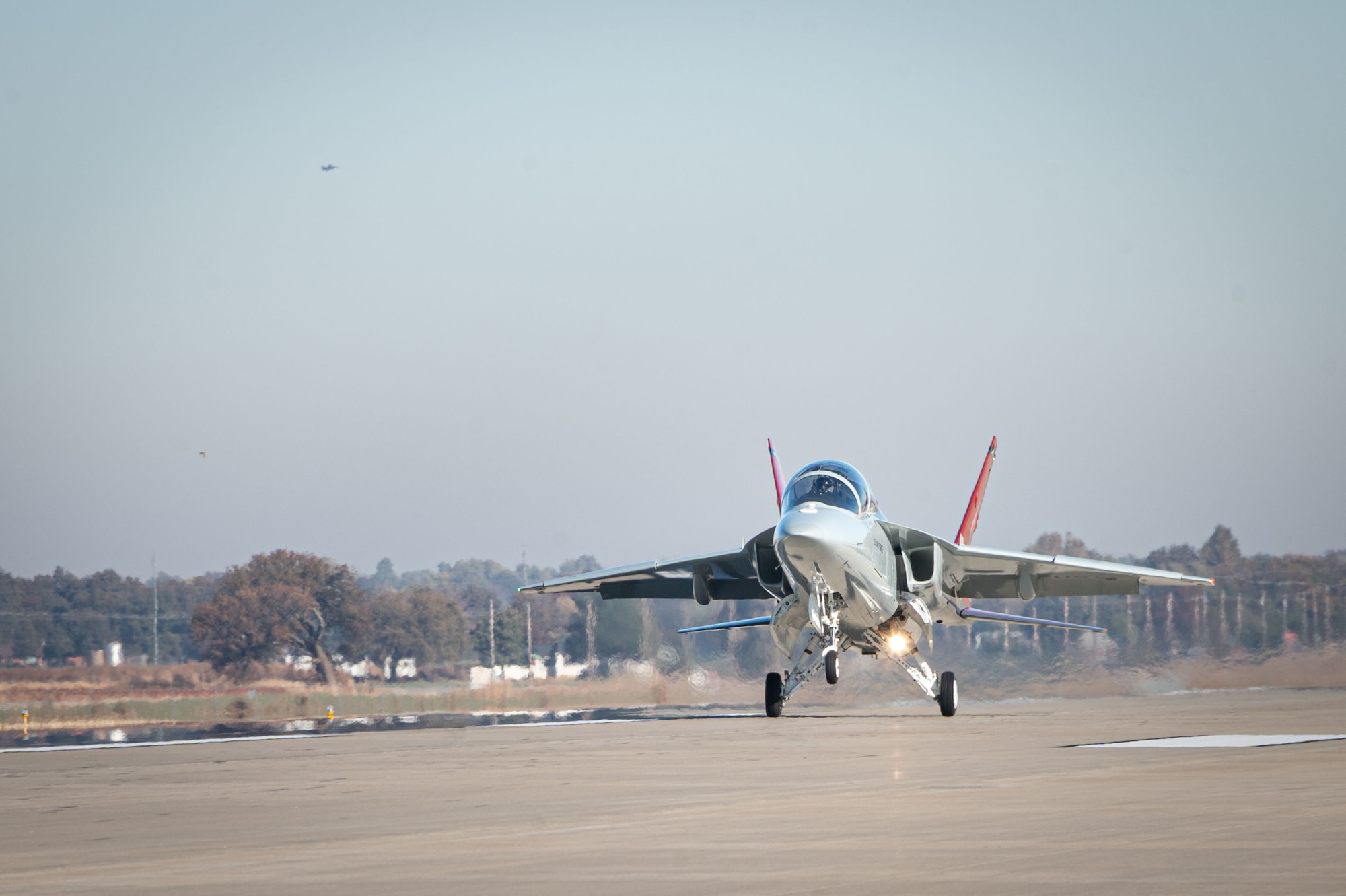 A T-7A Red Hawk, assigned to the 416th Flight Test Squadron, lands at Vance Air Force Base, Oklahoma.