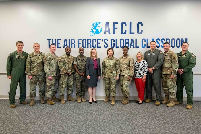 Chief Master Sgt. of the Air Force JoAnne S. Bass meets with Air University’s Resilience Research Task Force at the Air Force Culture and Language Center, Maxwell AFB, Ala., on Oct. 25, 2023. (US Air Force photo by Melanie Rodgers Cox)