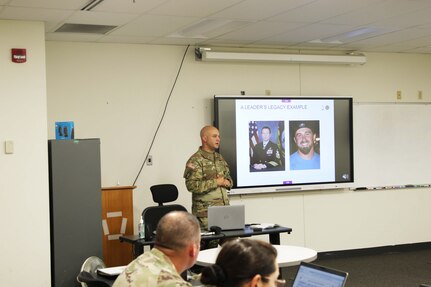 Chief Warrant Officer 2 Matthew Bielli gives a block of instruction on A Leader's Legacy during the 80th Training Command's Instructor of the Year Competition. Soldiers from all three division under the 80th Training Command competed in the 80th Training Command’s Fiscal Year 24 Instructor of the Year Competition (IOY) on October 25 – 28, 2023.