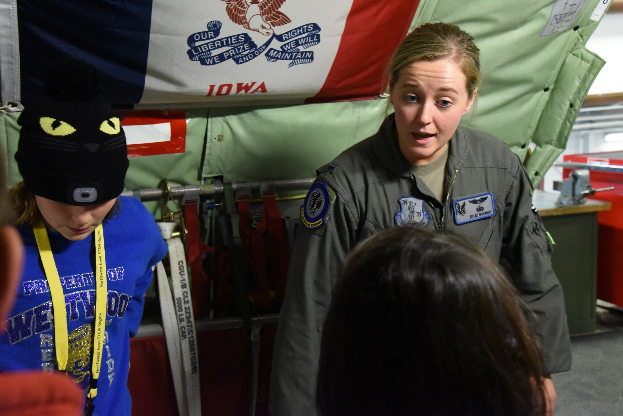 U.S. Air National Guard 1st Lt. Rylee McKinney talks to students