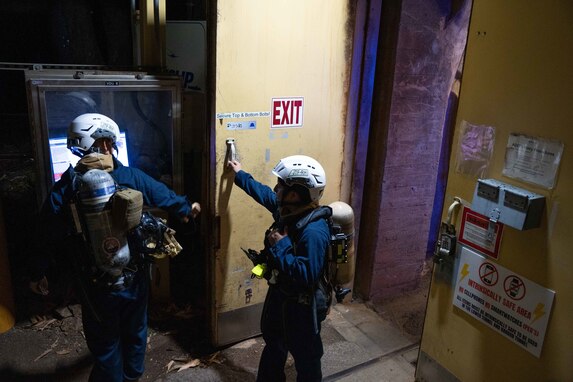 Joint Task Force-Red Hill (JTF-RH) roving security and fire watch team members, U.S. Army Specialists Aimee Munchel and Karla Hernandez, patrol the Red Hill Bulk Fuel Storage Facility (RHBFSF), Halawa, Hawaii, Nov. 7, 2023.