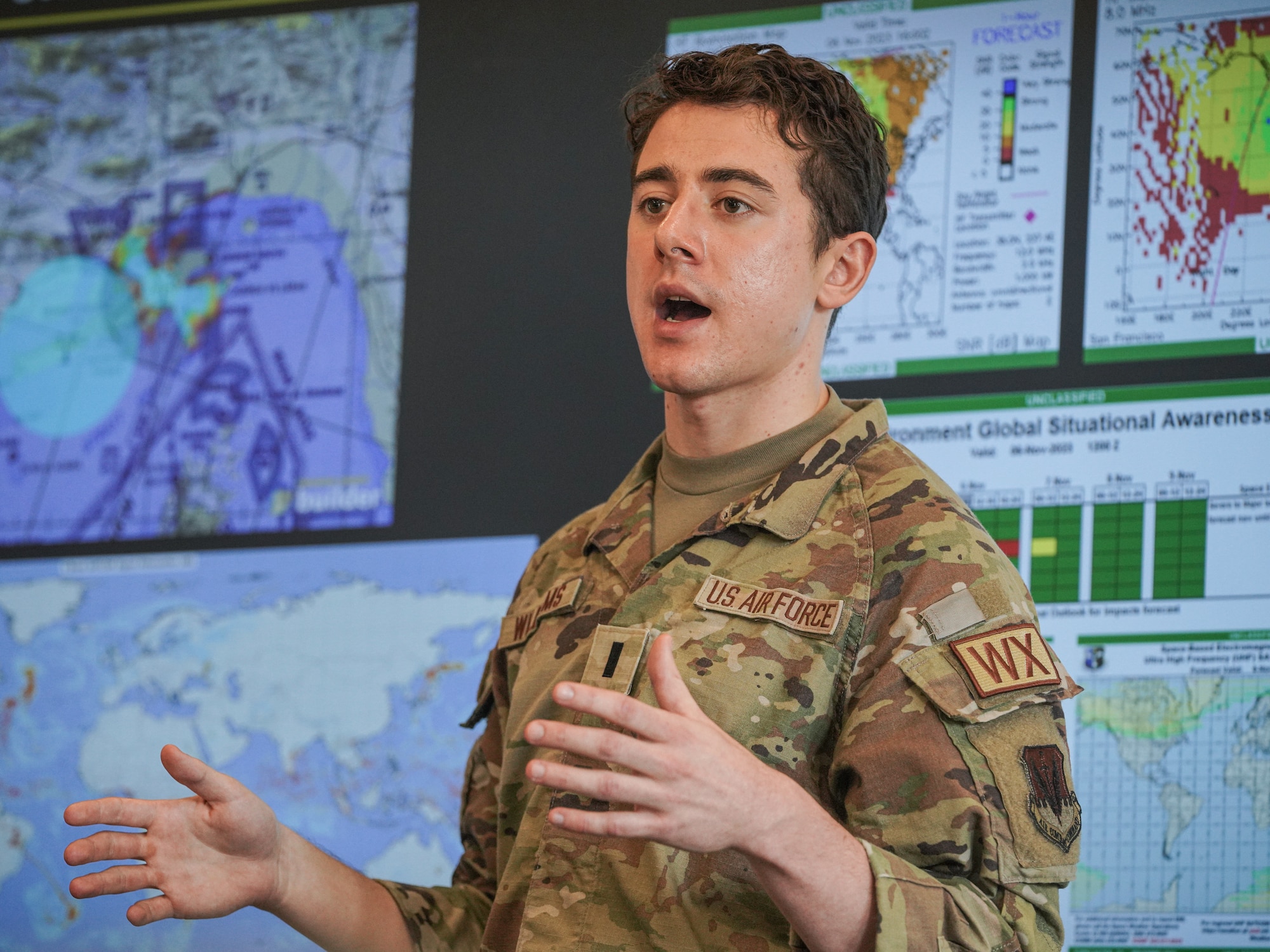 U.S. Air Force 1st. Lt Quinten Williams, 9th Operations Support Squadron weather officer briefs University of California, Davis students on meteorology career opportunities within the military at the University of California, Davis, Nov. 07, 2023.