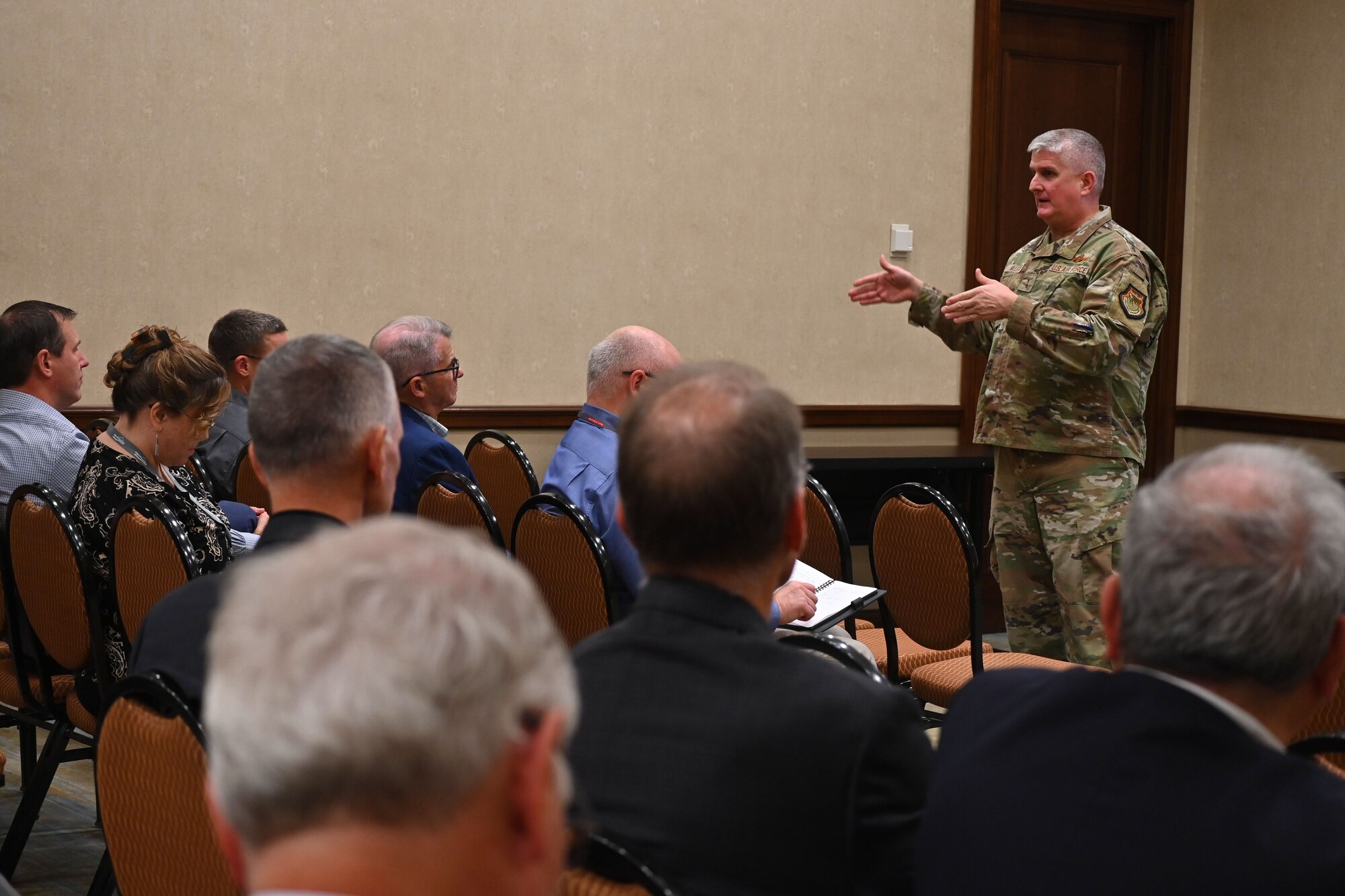 Maj. Gen. Albert Miller, director of Strategic Plans, Requirements, and Programs, Headquarters Air Mobility Command, speaks to industry partners for the Final Industry Preview during the 55th Annual Airlift/Tanker Association Convention, Nov. 8, 2023, in Grapevine, Texas. 70 industry partners proposed 89 solutions to AMC leadership, aiming to advance mobility capabilities and eliminate mobility gaps.