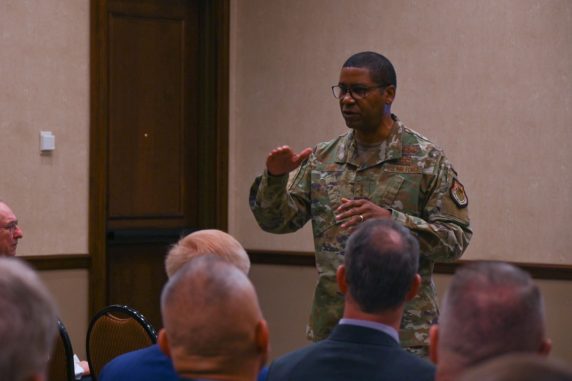 Lt. Gen. Randall Reed, Air Mobility Command deputy commander, speaks to industry partners for the Final Industry Preview during the 55th Annual Airlift/Tanker Association Convention, Nov. 8, 2023, in Grapevine, Texas. 70 industry partners proposed 89 solutions to AMC leadership, aiming to advance mobility capabilities and eliminate mobility gaps.