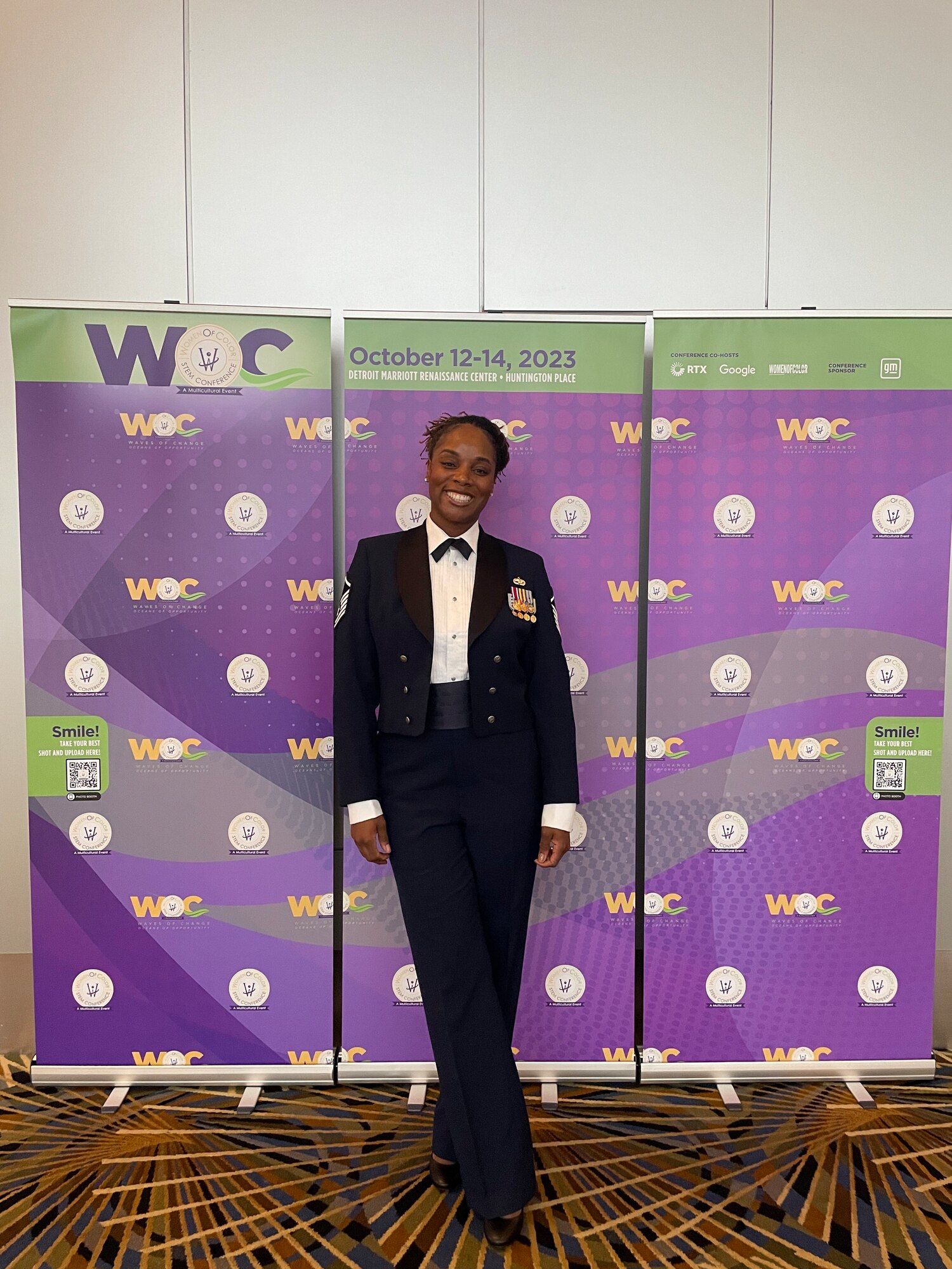 U.S. Air Force Master Sgt. Jazmin Love,  7th Equipment Maintenance Squadron fabrication flight superintendent, poses after being presented with the 2023 Women of Color STEM Technology Rising Star Award at a presentation ceremony in Detroit, Michigan, on October 13, 2023. The Women of Color Awards, founded in 1985, promote minority success in STEM fields by sharing untold stories of striving scientists. (U.S. Air Force Airman 1st Class Alondra Cristobal Hernandez)