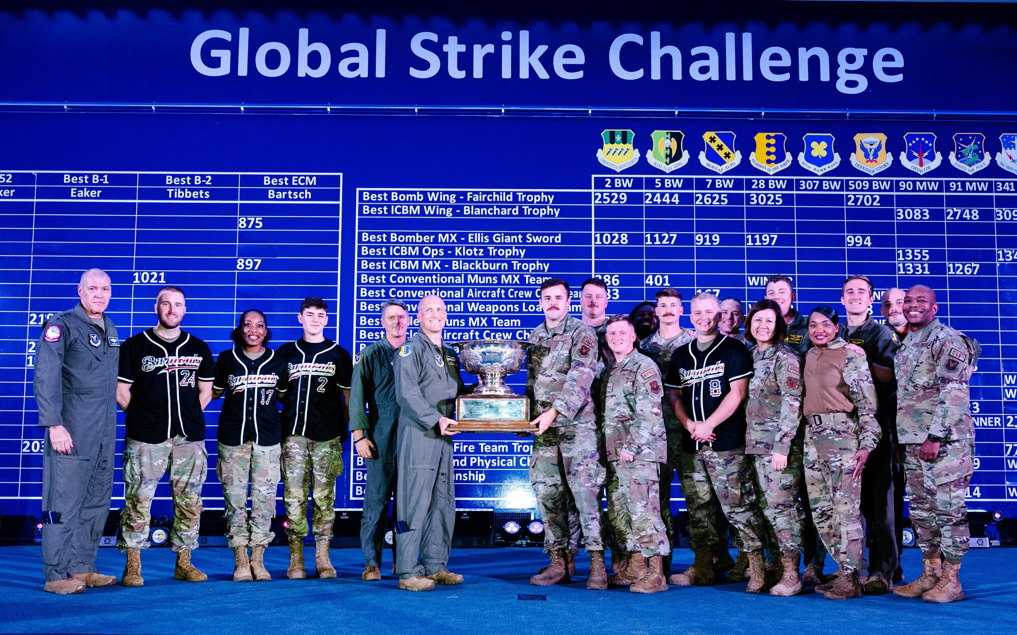 Airmen from the 28th Bomb Wing at Ellsworth Air Force Base, S.D., pose for a photo with the Chief Master Sergeant of the Air Force JoAnne Bass, the Air Force Global Strike Command commander, Gen. Thomas Bussiere and the AFGSC command chief, Chief Master Sgt. Melvina Smith after the 28th BW was awarded the Fairchild trophy at the Global Strike Challenge scoring ceremony on November 8, 2023 at Barksdale Air Force Base, La. The Fairchild trophy was awarded to the 28th BW for earning the highest combined score in operations, security forces and maintenance. (U.S. Air Force photo by Senior Airman William Pugh)