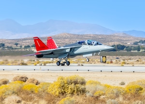 The first T-7A Red Hawk arrives at Edwards Air Force Base, California, Nov. 8. The aircraft’s test campaign is being executed by the T-7A Integrated Test Force, part of the Airpower Foundations Combined Test Force in association with the 416th Flight Test Squadron. The Integrated Test Force is a partnership between the USAF and T-7A manufacturer, The Boeing Company. (Air Force photo by Todd Schannuth)