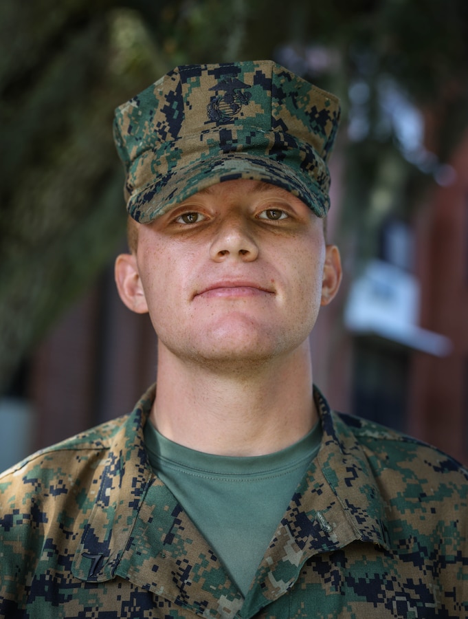 Pfc. Robert Ellason Barrow III, a Marine with Delta Company, 1st Recruit Training Battalion, poses for a photo at his squad bay on Marine Corps Recruit Depot Parris Island, S.C., Aug. 16, 2023. Pfc. Barrow’s completion of recruit training marks the continuation of his family’s legacy of military service; most notably that of his great uncle, Gen. Robert Hilliard Barrow, who served as the 27th Commandant of the Marine Corps. (U.S. Marine Corps photo by Lance Cpl. Ava Alegria)