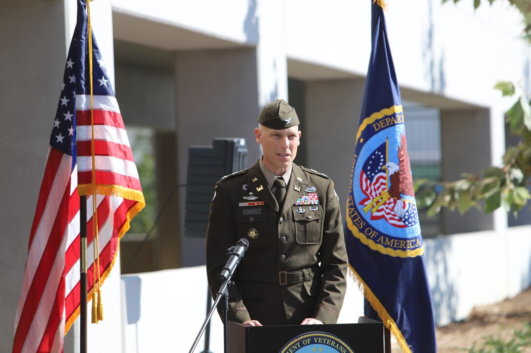 Col. Andrew Baker, commander of the Corps’ Los Angeles District speaks to participants at the ribbon cutting ceremony.