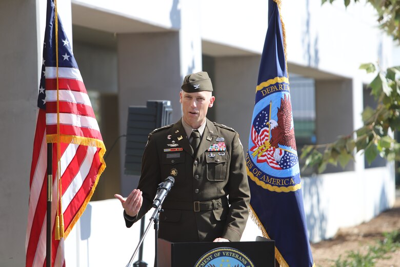 Col. Andrew Baker, commander of the Corps’ Los Angeles District gives remarks to participants attending ribbon cutting ceremony.