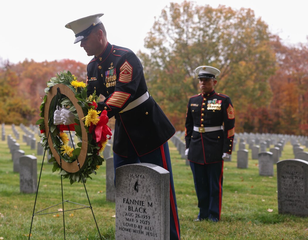 U.S. Marine Corps Sgt. Maj. Collin D. Barry, Marine Corps Base Quantico sergeant major, a native of Tucumcari, New Mexico, places a wreath by the headstone of Sgt. Maj. Henry H. Black, 7th Sergeant Major of the Marine Corps, during a wreath laying ceremony at the Quantico National Cemetery, Triangle, Virginia, Nov. 10, 2023. The ceremony is held annually on the Marine Corps birthday to honor the memory and military service of Sgt. Maj. Black. (U.S. Marine Corps photo by Lance Cpl. David Brandes)