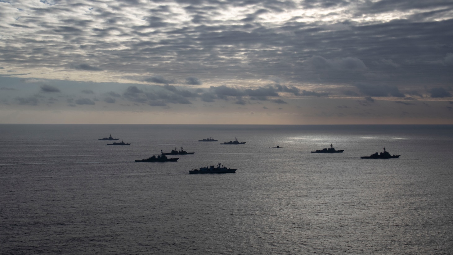 231110-N-TD381-1205 PHILIPPINE SEA (Nov. 10, 2023) Ships from the Japan Maritime Self-Defense Force, Royal Australian Navy, Royal Canadian Navy and United States Navy sail in formation during Annual Exercise (ANNUALEX) 2023. ANNUALEX is a multilateral exercise conducted by naval elements of the Royal Australian, Royal Canadian, Japan Maritime Self-Defense Force, and U.S. navies to demonstrate naval interoperability and a joint commitment to a free and open Indo-Pacific. Vinson, flagship of Carrier Strike Group ONE, is deployed to the U.S. 7th Fleet area of operations in support of a free and open Indo-Pacific. (U.S. Navy photo by Mass Communication Specialist 3rd Class Isaiah Goessl)