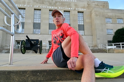 Jennifer Hickey trains in preparation of the Marine Corps Marathon, Oct. 26, 2023. Hickey ran her 240th marathon in honor of Spc. Darryl T. Dent, a District of Columbia National Guard member assigned to the 547th Transportation Company. The 21-year-old died Aug. 26, 2003, when an improvised explosive device struck his vehicle in Southeast Arimaji, Iraq. (U.S. Air Force photo by Master Sgt. Arthur Wright)