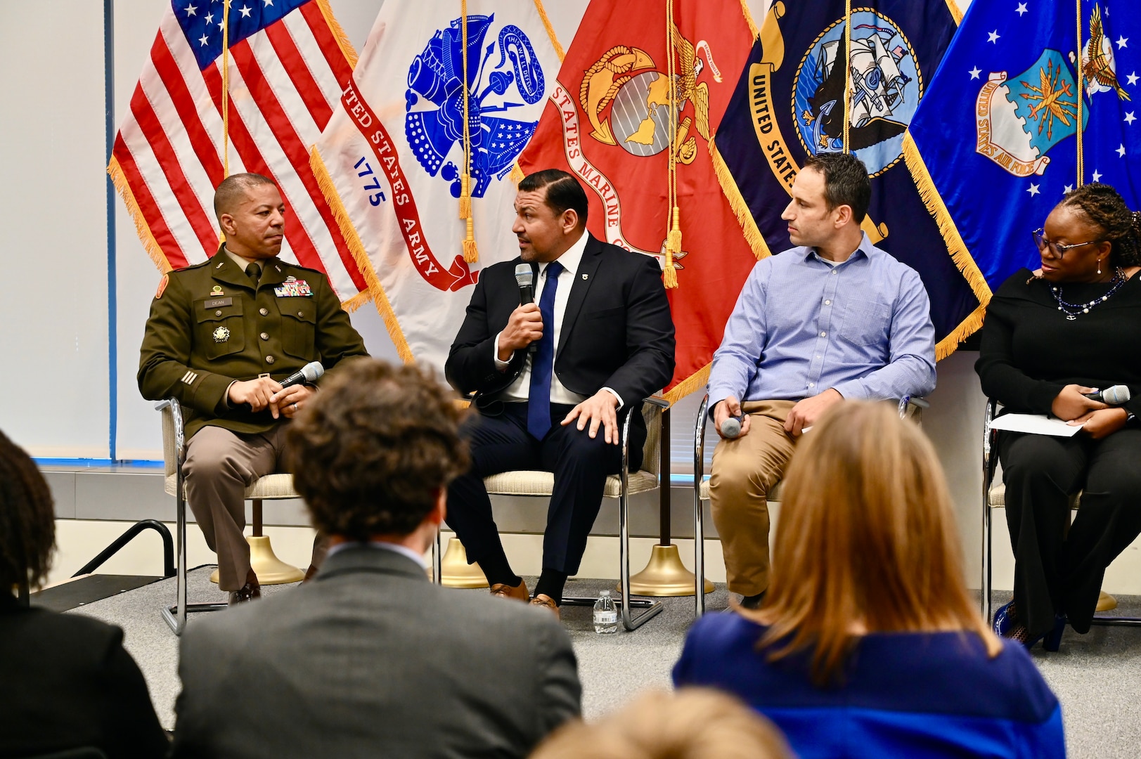 Brig. Gen. Aaron R. Dean II, The Adjutant General of the District of Columbia National Guard, serves as keynote speaker during a Veterans Day recognition panel at the Office of the Comptroller of the Currency, in Washington, D.C., Nov. 2, 2023. The “Conversation with Vets” panel discussion was organized by the OCC’s Veterans Employee Network (V.E.N) to address topics including unconscious bias, leadership, teamwork and adaptability. (U.S. Army photo by Master Sgt. Arthur Wright)