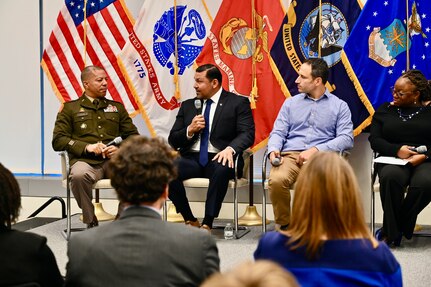 Brig. Gen. Aaron R. Dean II, The Adjutant General of the District of Columbia National Guard, serves as keynote speaker during a Veterans Day recognition panel at the Office of the Comptroller of the Currency, in Washington, D.C., Nov. 2, 2023. The “Conversation with Vets” panel discussion was organized by the OCC’s Veterans Employee Network (V.E.N) to address topics including unconscious bias, leadership, teamwork and adaptability. (U.S. Army photo by Master Sgt. Arthur Wright)