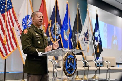 Brig. Gen. Aaron R. Dean II, The Adjutant General of the District of Columbia National Guard, serves as keynote speaker during a Veterans Day recognition panel at the Office of the Comptroller of the Currency, in Washington, D.C., Nov. 2, 2023. The “Conversation with Vets” panel discussion was organized by the OCC’s Veterans Employee Network (V.E.N) to address topics including unconscious bias, leadership, teamwork and adaptability. (U.S. Army photo by Master Sgt. Arthur Wright)