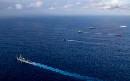 231110-N-TD381-1339 PHILIPPINE SEA (Nov. 10, 2023) Ships from the Japan Maritime Self-Defense Force, Royal Australian Navy, Royal Canadian Navy and United States Navy sail in formation during Annual Exercise (ANNUALEX) 2023. ANNUALEX is a multilateral exercise conducted by naval elements of the Royal Australian, Royal Canadian, Japan Maritime Self-Defense Force, and U.S. navies to demonstrate naval interoperability and a joint commitment to a free and open Indo-Pacific. Vinson, flagship of Carrier Strike Group ONE, is deployed to the U.S. 7th Fleet area of operations in support of a free and open Indo-Pacific. (U.S. Navy photo by Mass Communication Specialist 3rd Class Isaiah Goessl)