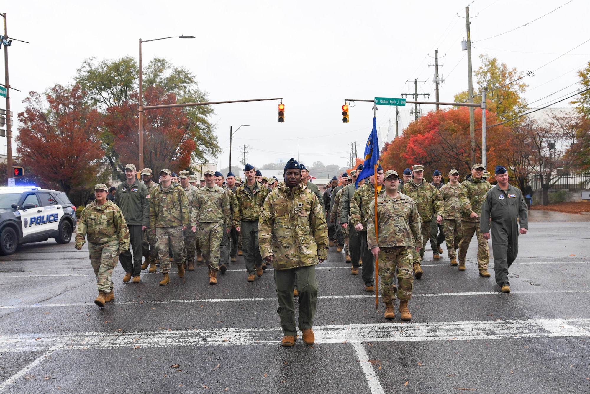 Members of the 117th Air Refueling Wing march during the annual Veterans Day parade in downtown Birmingham, AL, Nov. 11, 2023.