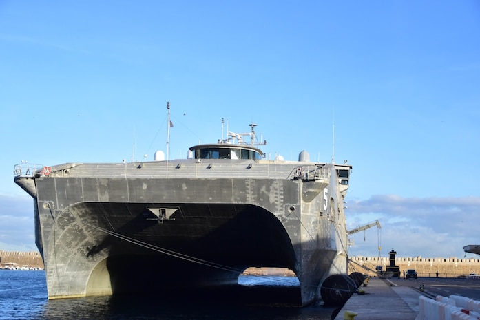 The Spearhead-class expeditionary fast transport USNS Trenton (T-EPF-5) arrives in Oran, Algeria for a scheduled port visit, Nov. 8, 2023. Trenton is currently operating in the U.S. Naval Forces Europe-Africa area of operations, employed by U.S. Sixth Fleet to support U.S., Allied, and partner interests. (U.S. Navy photo by Intelligence Specialist 2nd Class Isis Salyers)