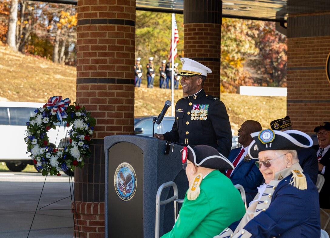 U.S. Marine Corps Col. Michael L. Brooks, commander, Marine Corps Base Quantico, gives a speech during a Veteran’s Day ceremony at the National Memorial Cemetery at Quantico, Triangle, Virginia, Nov. 11, 2023. The ceremony was sponsored by the Potomac Region Veterans Council in partnership with Marine Corps Base Quantico and the Veterans Administration to honor all who have served. (U.S. Marine Corps Photo by Lance Cpl. Kayla LeClaire)