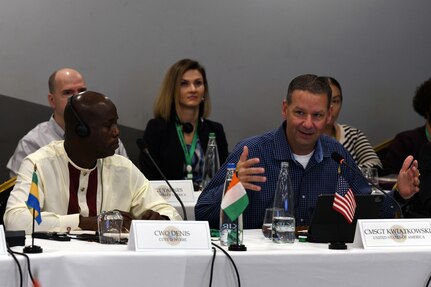 U.S. Air Force Chief Master Sgt. Randy Kwiatkowski, U.S. Air Forces in Europe - Air Forces Africa command chief, speaks at the first Air Force African Senior Enlisted Leader Summit in Abidjan, Côte d’Ivoire, Nov. 7, 2023. The three-day summit was hosted by U.S. Air Forces in Europe - Air Forces Africa and Côte d'Ivoire air force senior enlisted leaders.