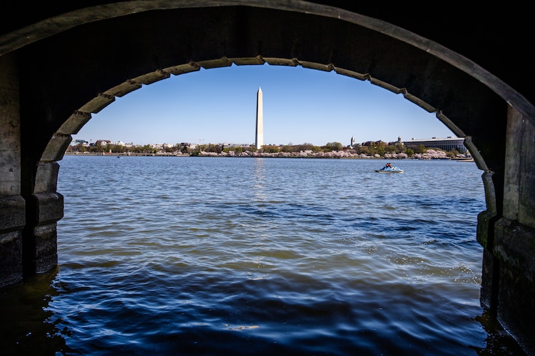 A view of the Washington Monument from below the Tidal Basin Inlet Bridge. (USACE photo by Christopher Fincham) The U.S. Army Corps of Engineers, Baltimore District’s Potomac and Anacostia Rivers Drift Collection and Removal Unit operates out of dock facilities adjacent to the Washington, DC, Navy Yard and conducts drift removal operations on a year-round basis. Their mission also includes the operation and maintenance of the inlet and outlet gates to the tidal basin, which is designed to prevent water stagnating in the tidal basin by allowing fresh water to flow in and out of the basin.
