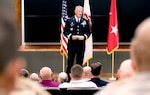 Maj. Gen. Mark C. Jackson of Frankfort, Illinois, then a brigadier general, thanks the many people that aided his career during a promotion ceremony at Camp Lincoln in Springfield, Illinois, Aug. 5, 2017. Jackson retired after more than 38 years of service this year. (U.S. Army photo by Sgt. 1st Class Bryan Spreitzer)