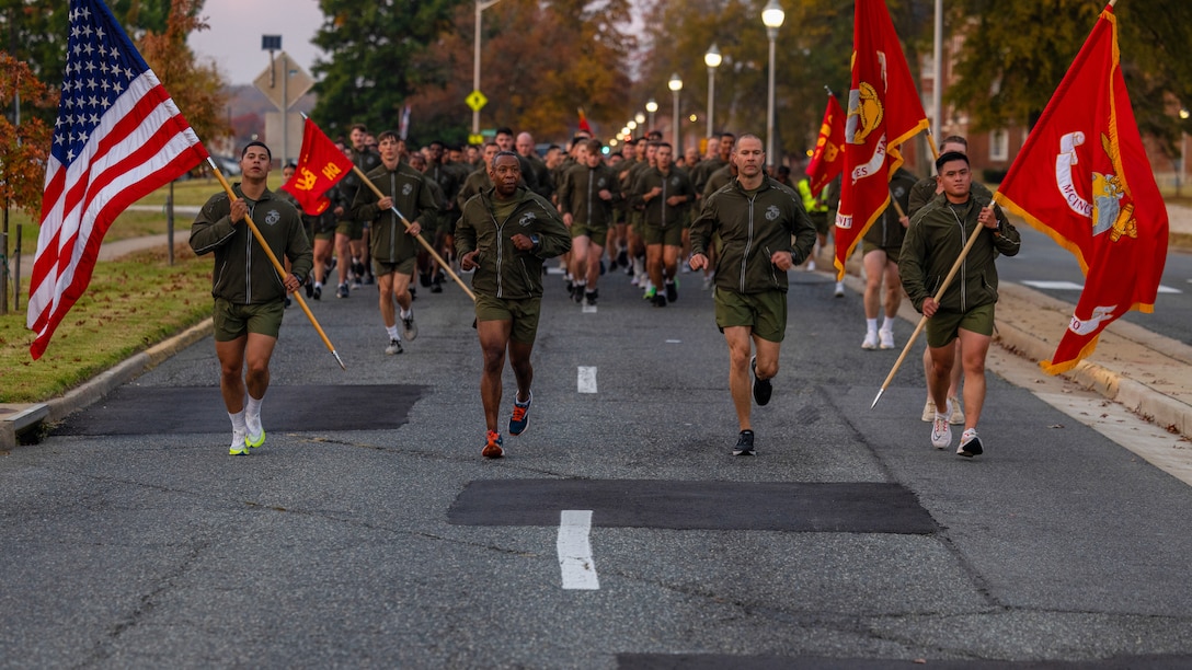 U.S. Marines stationed at Marine Corps Base, Quantico, Virginia, participate in the MCBQ Birthday Run on Nov. 9, 2023. Each year, Marines come together to celebrate the birthday with ceremonies that recall the history of the Corps and enhance the camaraderie shared across generations of Marines. (U.S. Marine Corps photo by Lance Cpl. Ethan Miller)