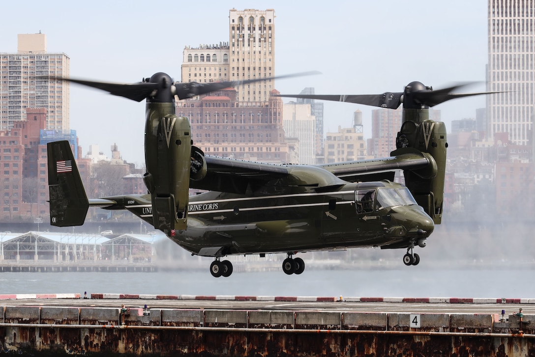 An MV-22B Osprey with Marine Helicopter Squadron 1 prepares to land in New York City, New York, April 11, 2023. HMX-1 provided aerial transportation for the 38th Commandant of the Marine Corps, Gen. David H. Berger, and the 19th Sergeant Major of the Marine Corps, Sgt. Maj. Troy E. Black, for a speaking engagement with the Economic Club of New York and a visit to Recruiting Substation Empire State. (U.S. Marine Corps photo by Sgt. Rachaelanne Woodward)