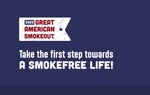 Navy color background with a white flag outline and the words 2023, Great American Smokeout in red font are on the graphic. Additionally below the flag is while bold font that says "Take the first step towards a smokefree life."