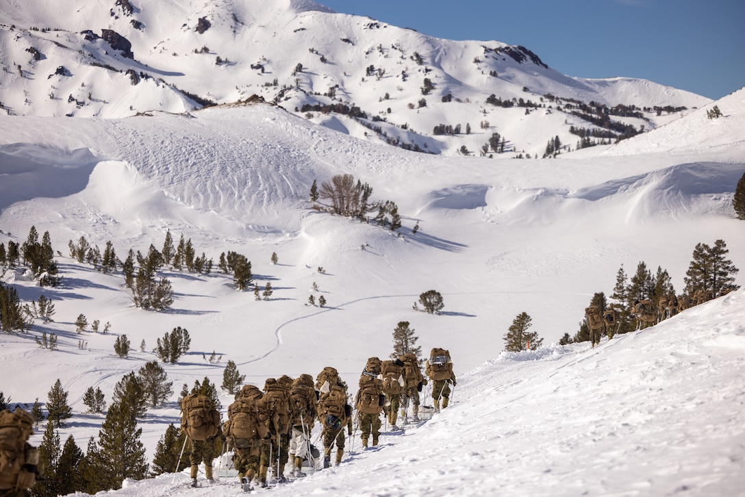 U.S. Marines with 2d Battalion, 8th Marine Regiment, 2d Marine Division conduct a hike during Mountain Warfare Training Exercise 2-23 on Marine Corps Mountain Warfare Training Center, Bridgeport, California, Jan. 27, 2023. MTX prepares units to survive and conduct extended operations in mountainous terrain during the winter. (U.S. Marine Corps photo by Lance Cpl. Ryan Ramsammy)
