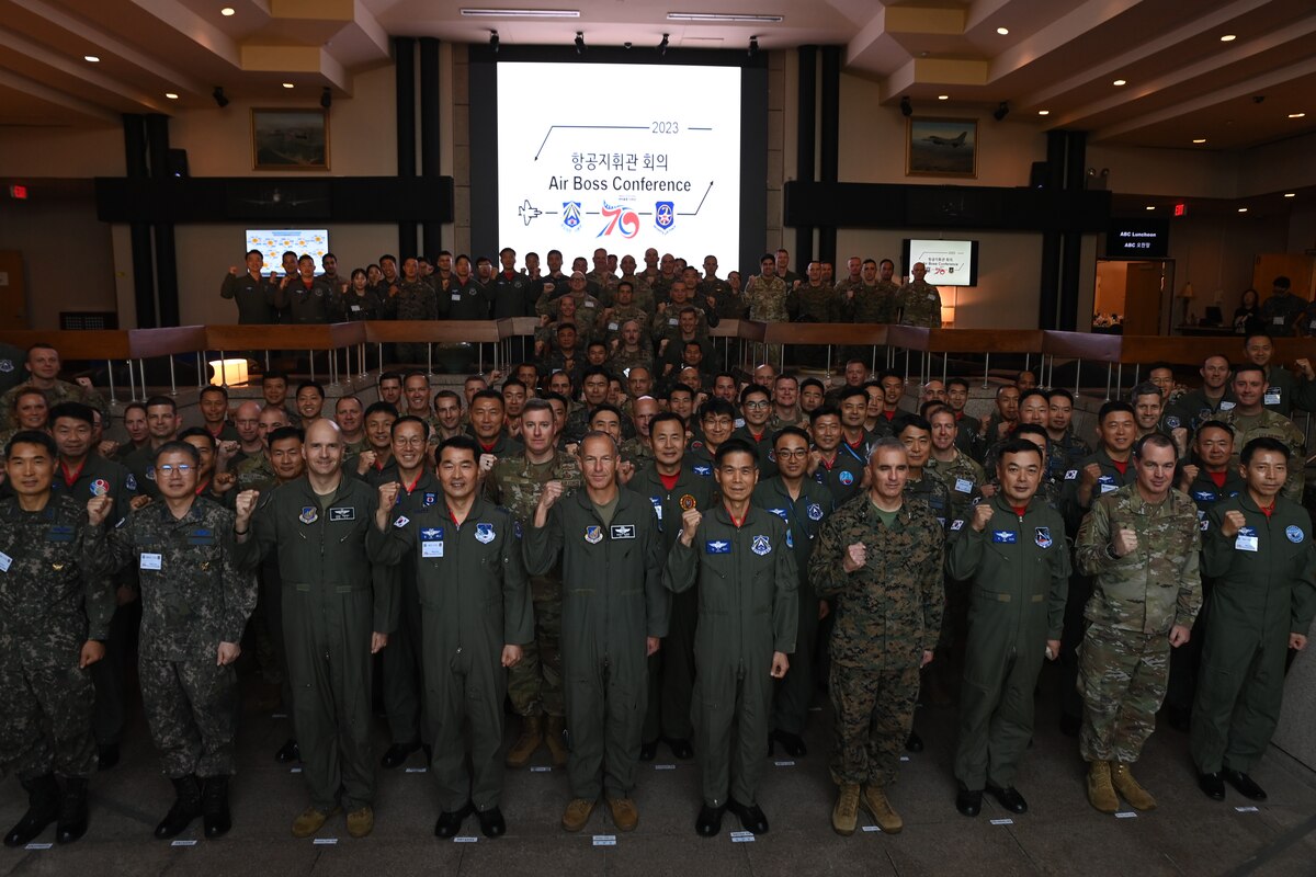 Attendees of the 2023 Air Boss Conference, hosted by 7th Air Force leadership, gather for a group photo at Osan Air Base, Republic of Korea, Oct. 25, 2023.