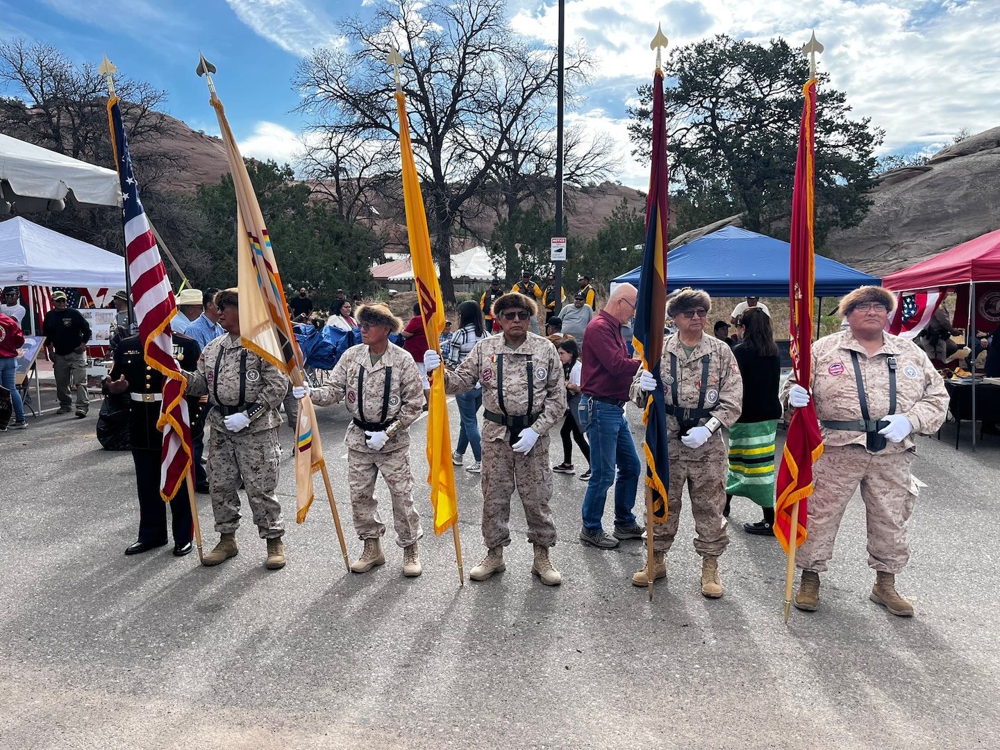 Navajo Honor Guard stand ready for the beginning of the Navajo Code Talker's Award Ceremony on 14 August 2023 in Window Rock, Arizona.
