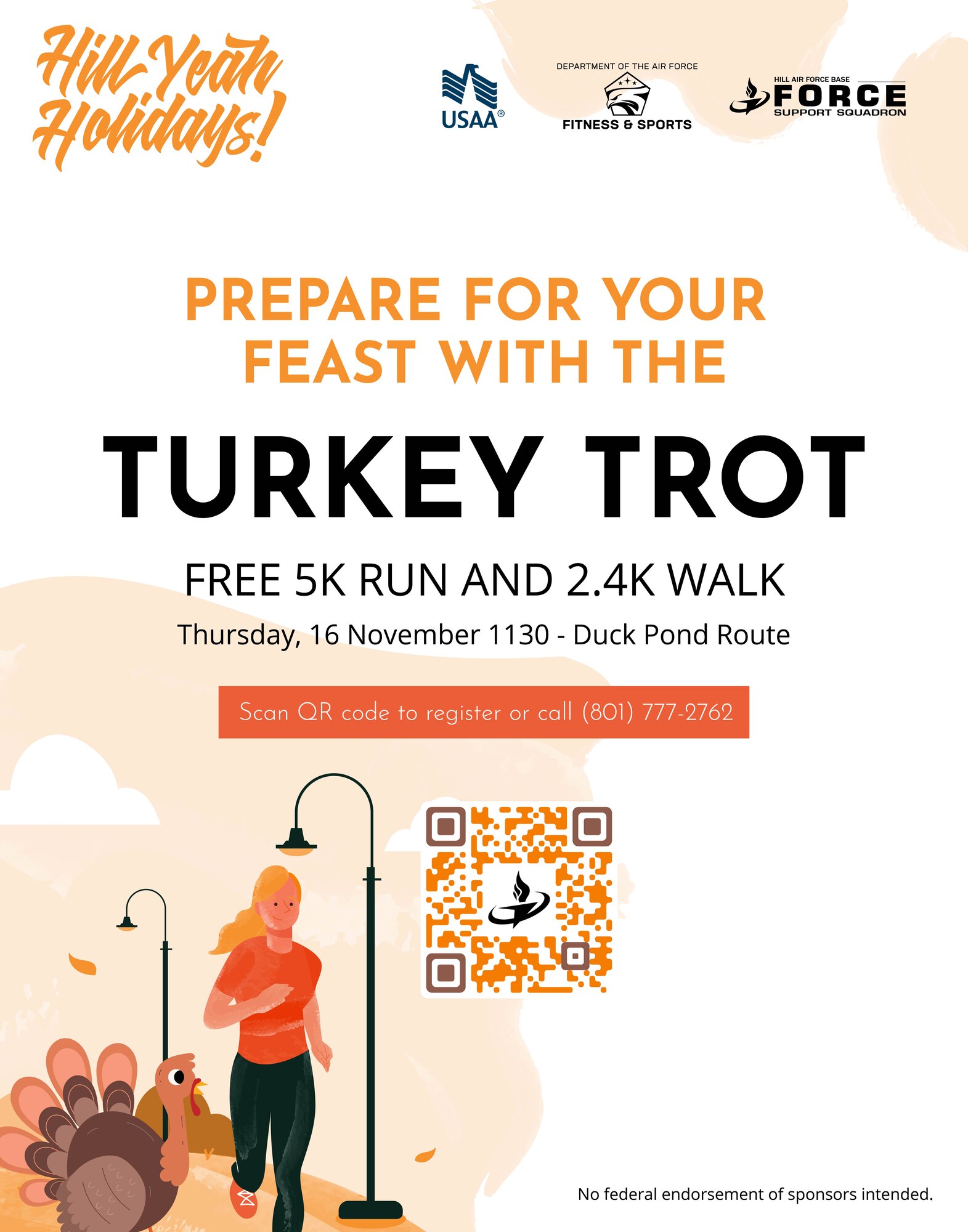 A poster with a drawing of a woman running alongside a cartoon turkey