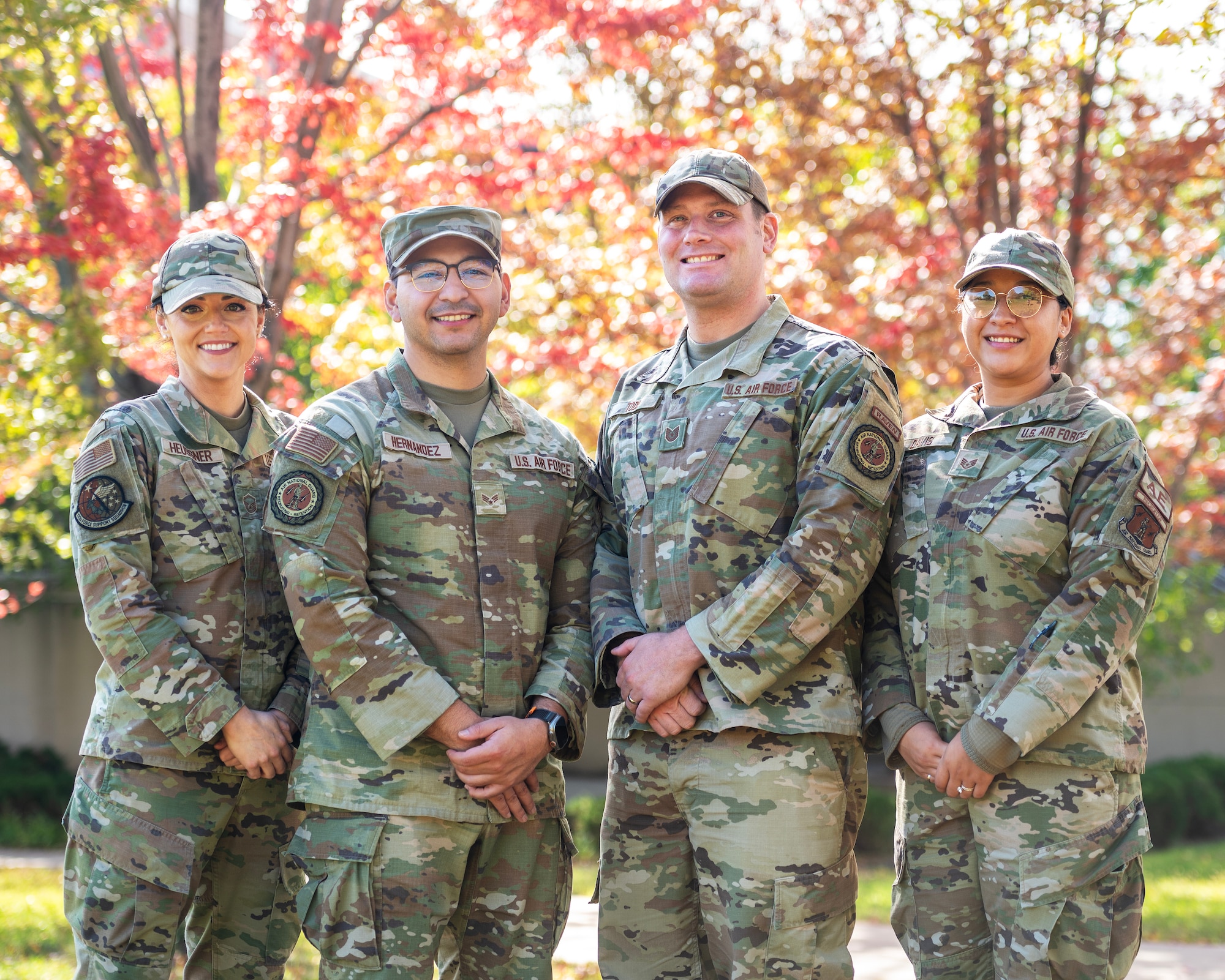 U.S. Air Force Airmen from the Minnesota Air National Guard recruiting team assigned to the 133rd Airlift Wing pose for a group photo in St. Paul, Minn., Oct. 15, 2023.
