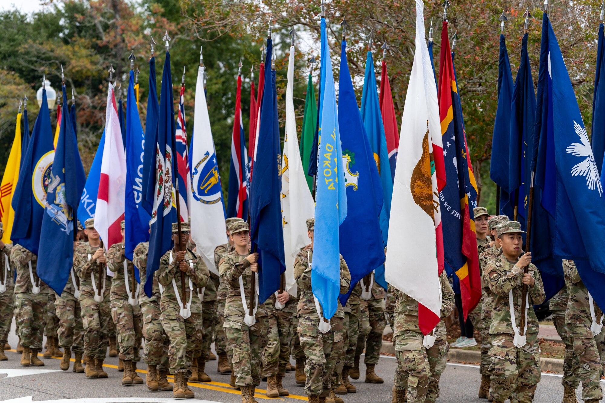81st Training Wing Airmen participate in a 50 flag formation during the Veterans Day Parade in D’Iberville, Mississippi, Nov. 11, 2023.