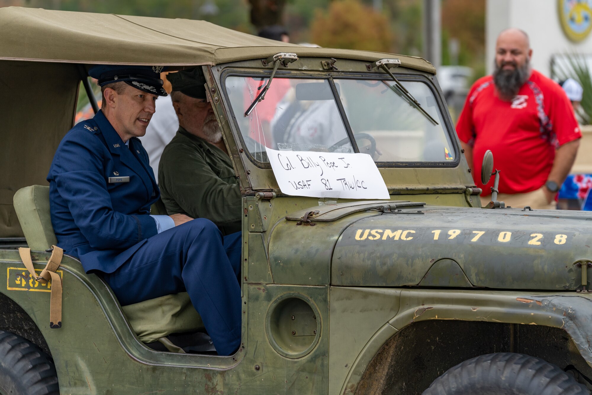 U.S. Air Force Col. Billy Pope Jr., 81st Training Wing commander, rides in an antique vehicle during the Veterans Day Parade in D’Iberville, Mississippi, Nov. 11, 2023.