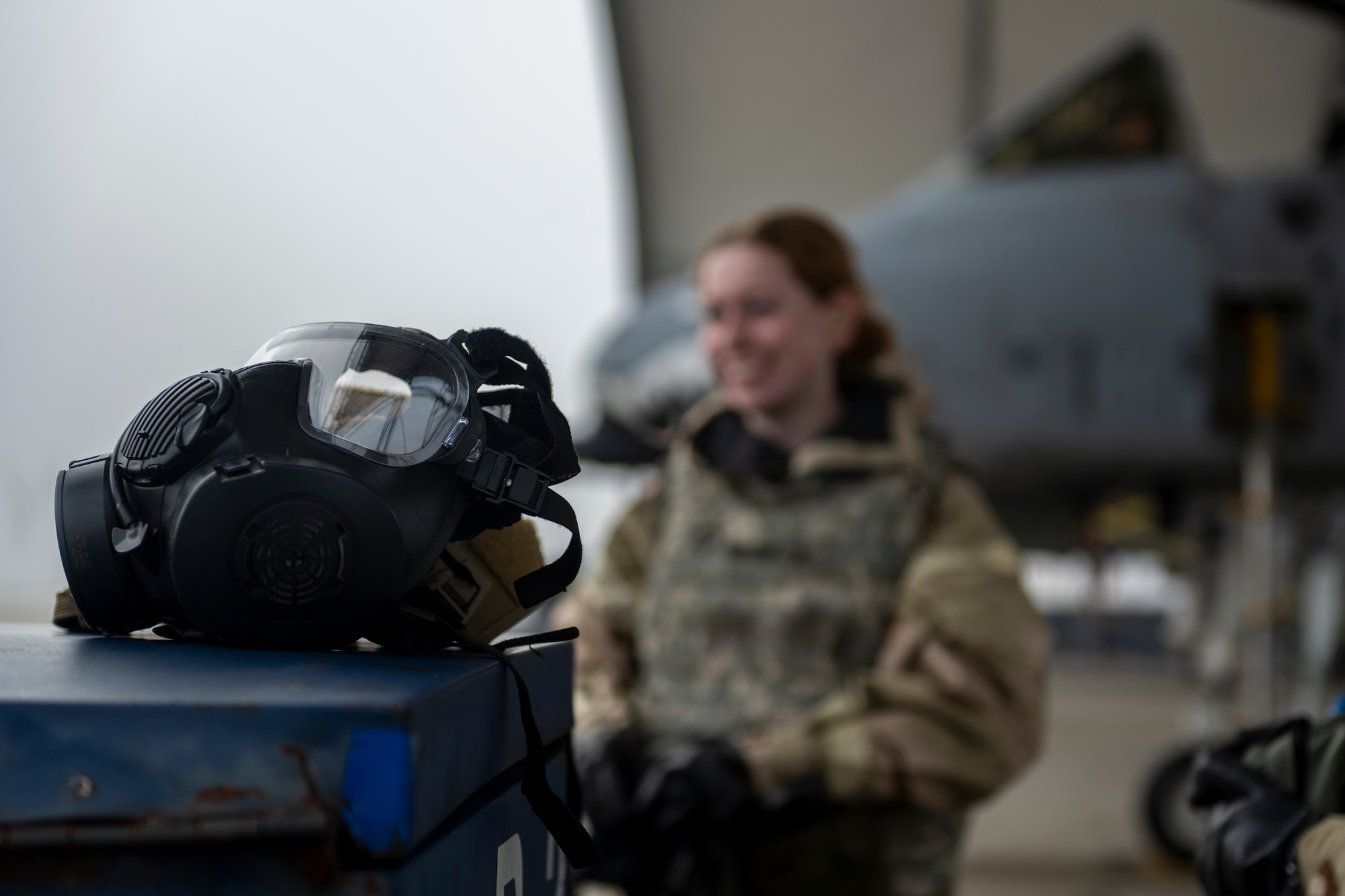 A gas mask sits on a container at Moody Air Force Base, Georgia, Nov. 9, 2023.