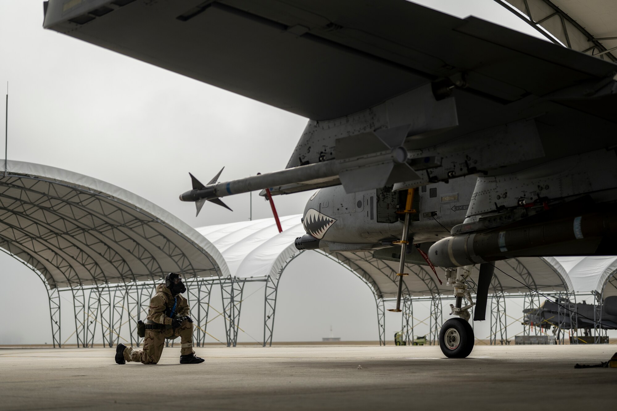 U.S. Air Force Senior Airman Andrew Vasquez, 74th Fighter Generation Squadron crew chief, inspects an A-10C Thunderbolt II at Moody Air Force Base, Georgia, Nov. 9, 2023.