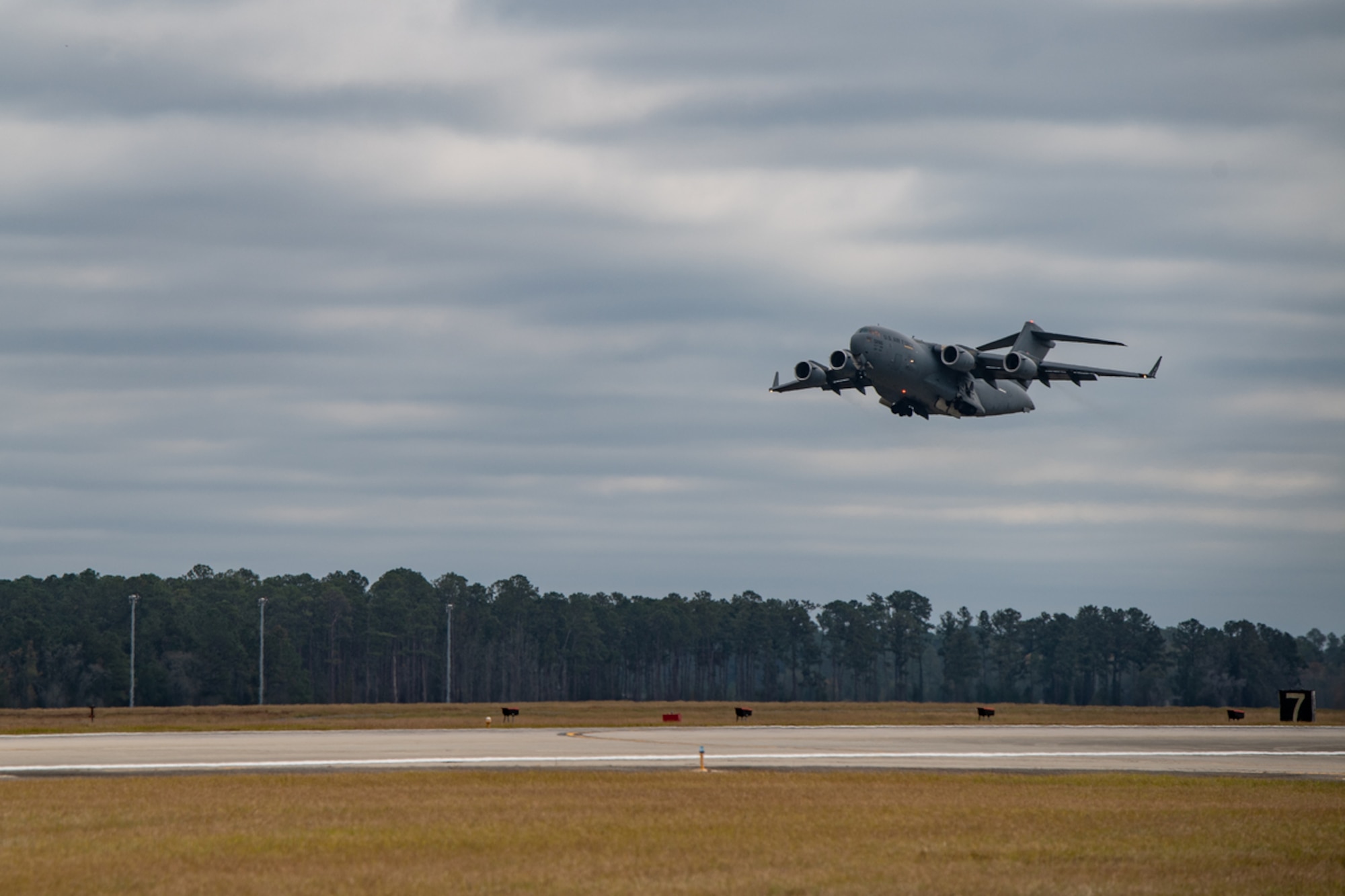 A C-17 takes off from a runway