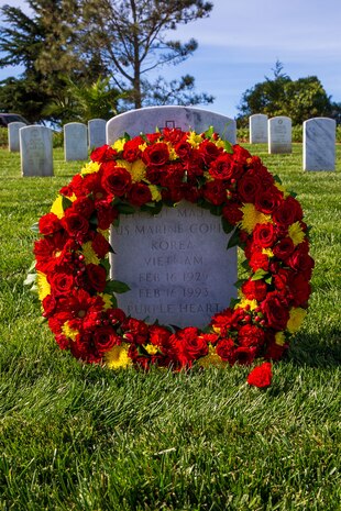A wreath lays upon the headstone of former Sergeant Major of the Marine Corps, Sgt. Maj. Leland D. Crawford, at Fort Rosecrans National Cemetery, San Diego, California, Nov. 10, 2023. The wreath laying ceremonies are a continuing part of the Marine Corps birthday tradition and honor the service to Corps and Country. (U.S. Marine Corps photo by Sgt. Sydney Smith)