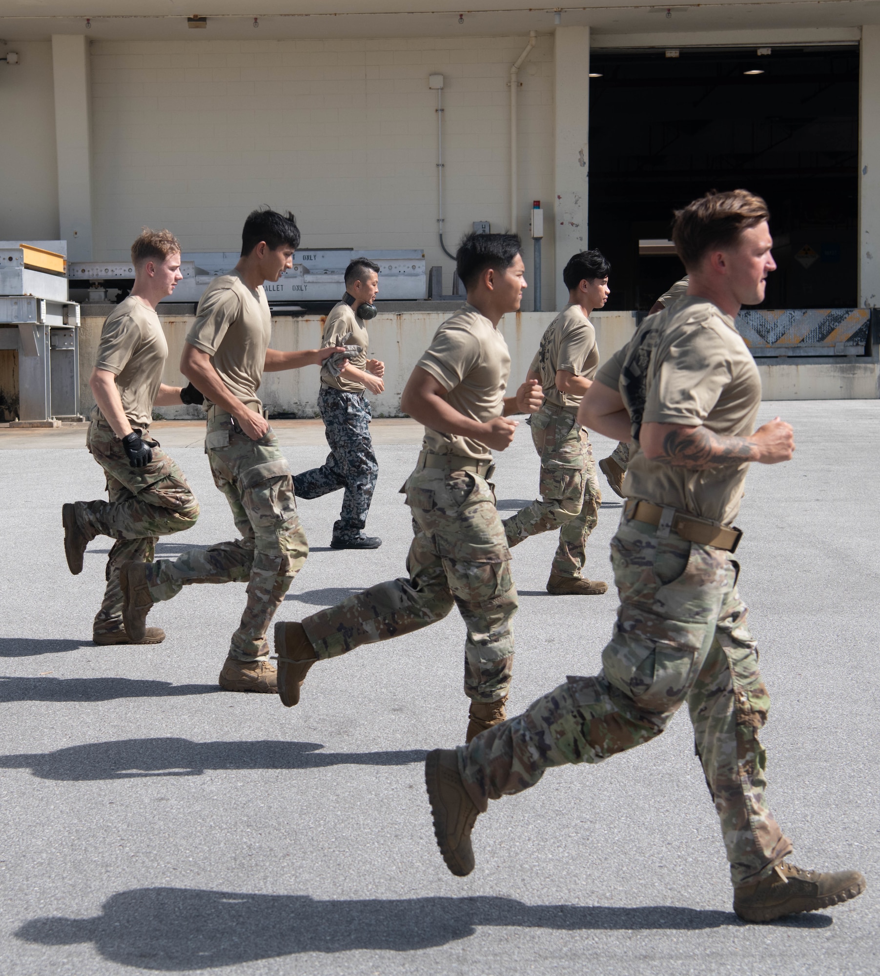 Japan Air Self-Defense Force and 733rd Air Mobility Squadron preform shuttle runs for physical exercise.