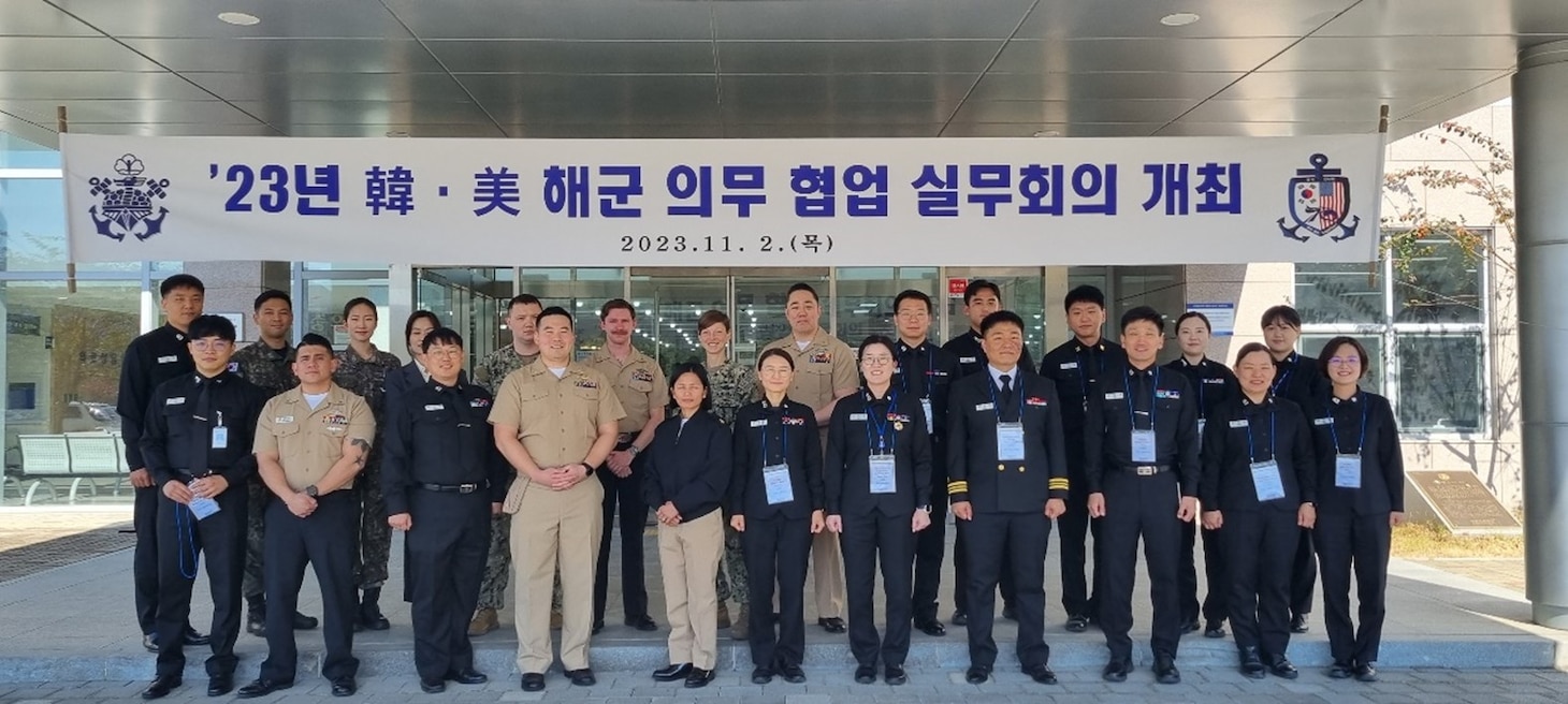 United States Navy Medicine Readiness and Training Unit Chinhae Staff and Republic of Korea medical forces during the  2023 Republic of Korea-US Naval Medical Cooperation Conference in Jinhae, South Korea