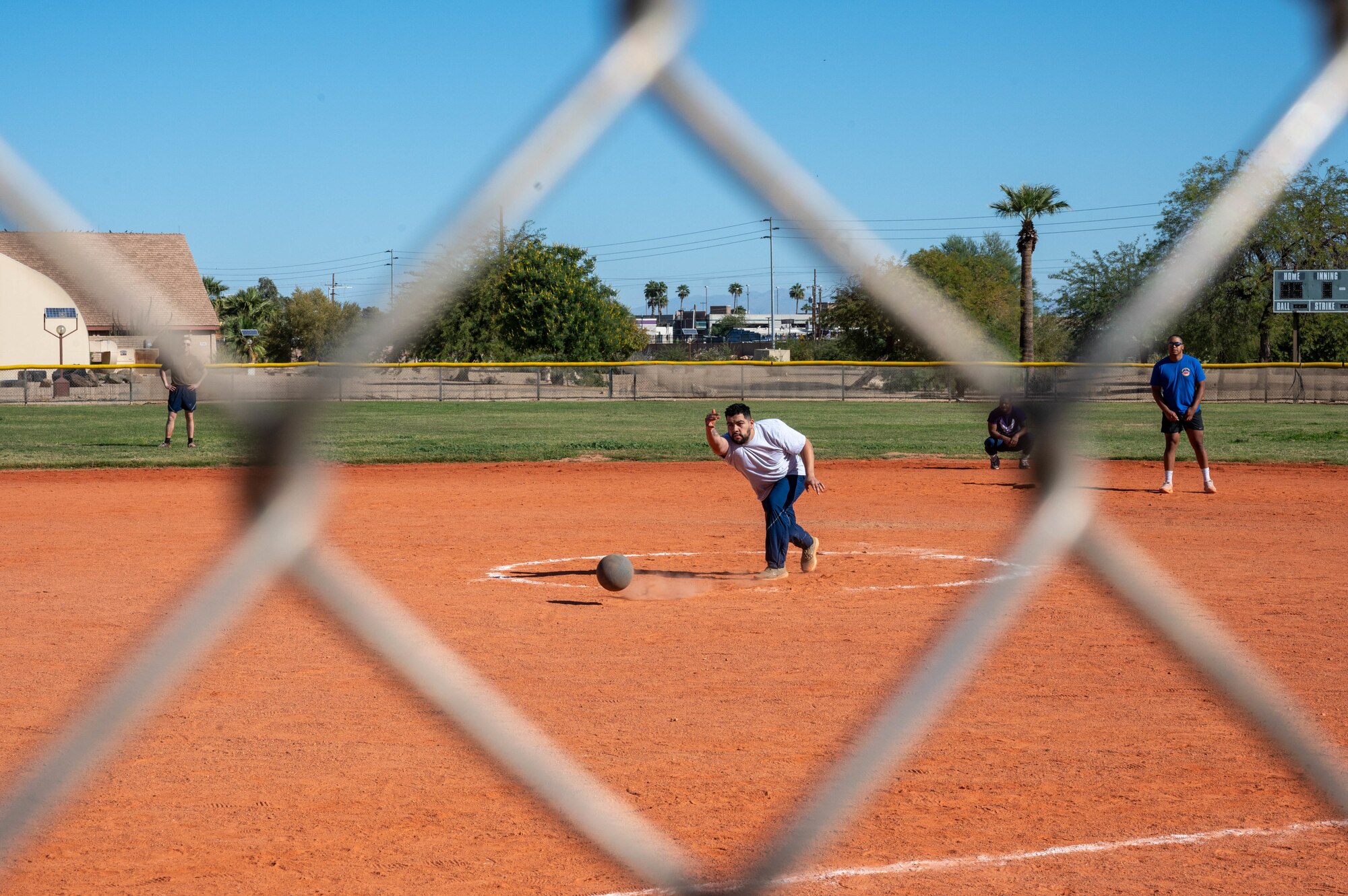 U.S. Air Force Airmen from the 56th Fighter Wing participate in a kickball game during the 2023 Thunderbolt Cup, Nov. 9, 2023, at Luke Air Force Base, Arizona.