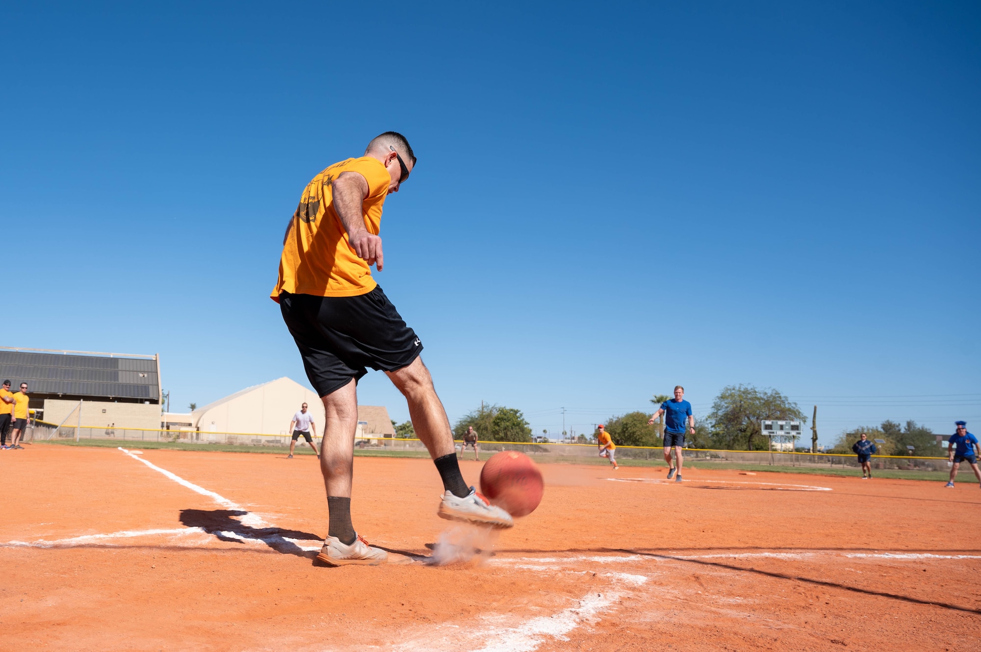 U.S. Air Force Chief Master Sgt. Jason Shaffer, 56th Fighter Wing command chief, participates in the Chiefs vs. Eagles kickball game, Nov. 9, 2023, at Luke Air Force Base, Arizona.