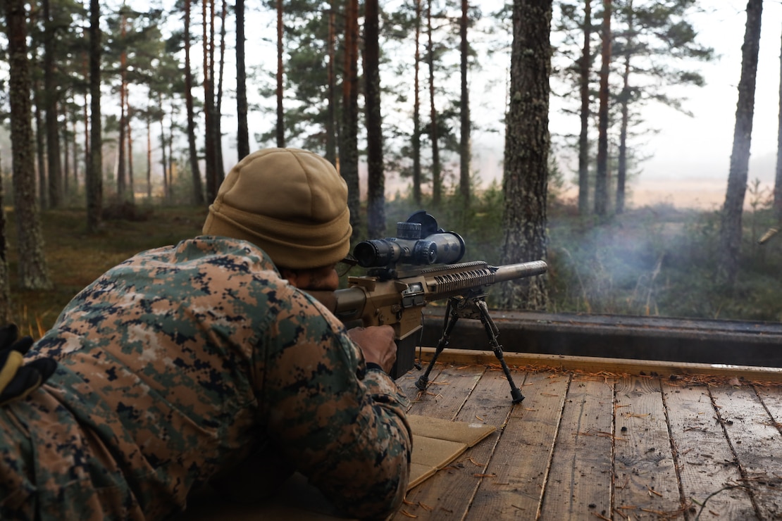 U.S. Marine Corps Sgt. Ryan Burton, an Explosive Ordnance Disposal technician, with EOD Company, Combat Logistics Battalion 6, Combat Logistics Regiment 2, 2nd Marine Logistics Group, fires a M110 Semi-Automatic Sniper Rifle during a live-fire sniper rifle range in Hanko, Finland, on Nov. 9, 2023. Marines and Sailors conducted live-fire training to refine their marksmanship techniques and enhance the unit's combat effectiveness.