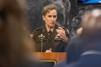 Brig. Gen. Paige M. Jennings, U.S. Army Financial Management Command commanding general, delivers remarks at a Senior Executive Service induction ceremony for Ryan A. Busby, USAFMCOM deputy to the commanding general, at the Maj. Gen. Emmett J. Bean Federal Center in Indianapolis Nov. 2, 2023. Busby serves as the principal advisor to the USAFMCOM commanding general, ensuring the two-star command delivers precision, enterprise-wide financial operations to integrate, synchronize and sustain the battlefield through the Joint Strategic Area. (U.S Army photo by Mark R. W. Orders-Woempner)