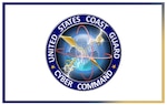A white background with a USCG Cyber Command office patch in the middle. Around the edge of the logo is the words, "United States Coast Guard Cyber Command" along with a subdued globe with a lightning bolt, a shield, and a key.
