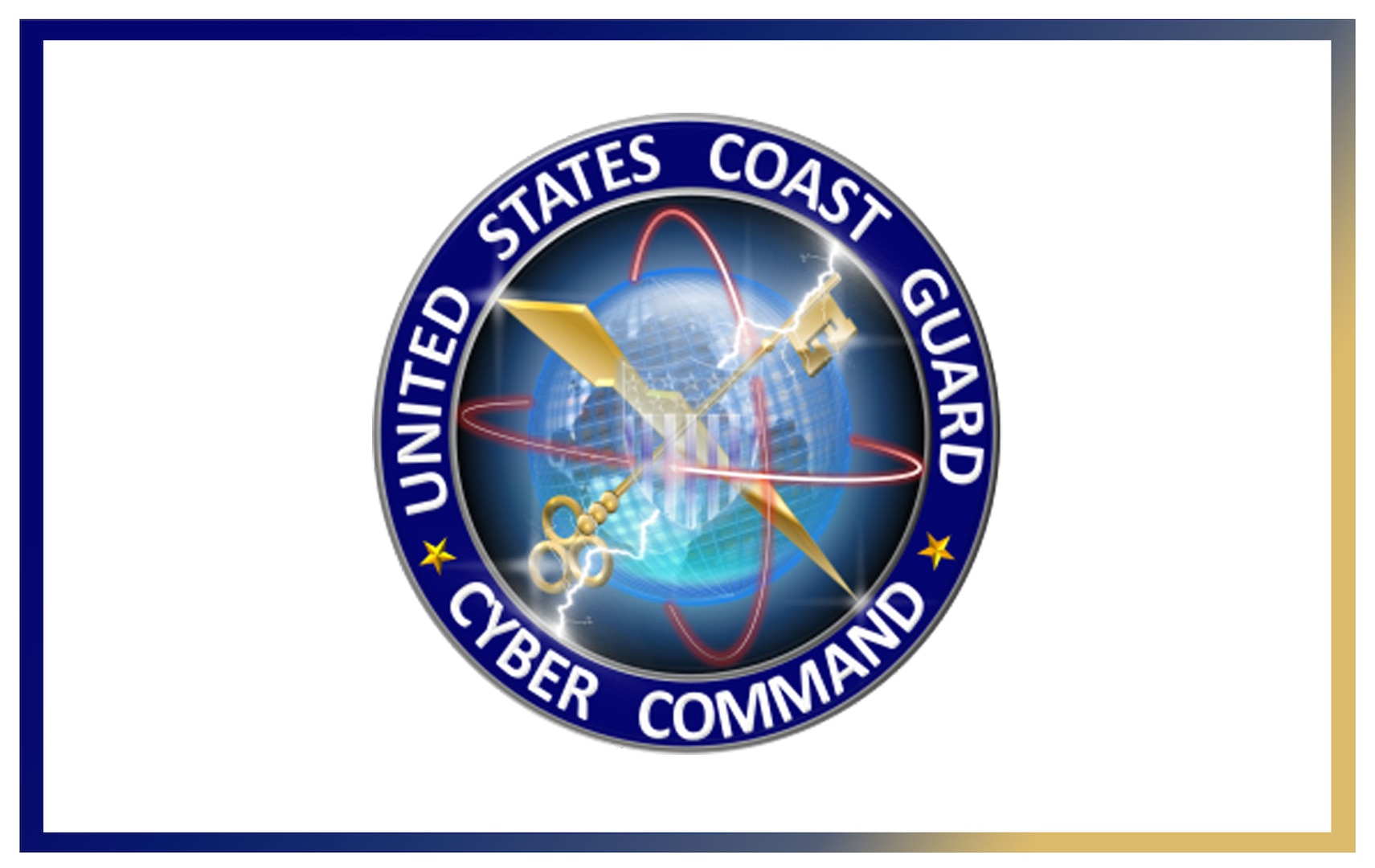 A white background with a USCG Cyber Command office patch in the middle. Around the edge of the logo is the words, "United States Coast Guard Cyber Command" along with a subdued globe with a lightning bolt, a shield, and a key.